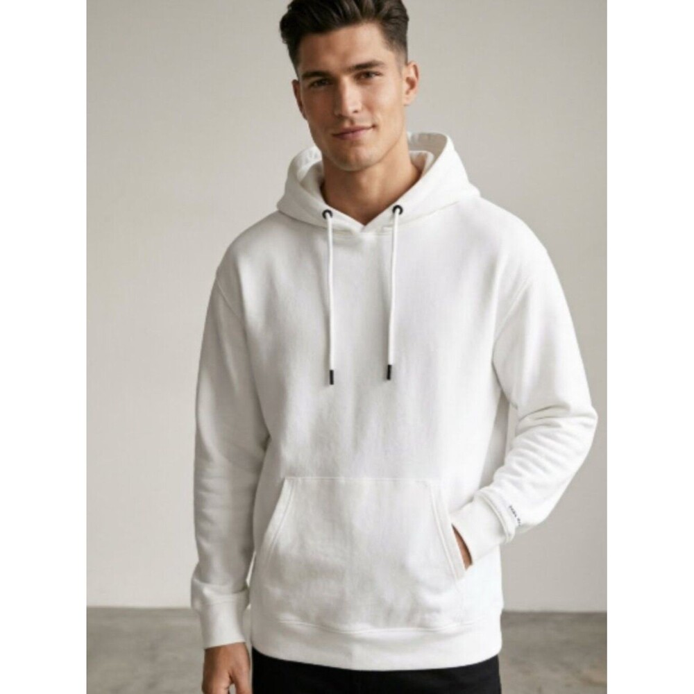 Zara Hoodie Men L White Cotton Blend Pullover Hooded Sweatshirt Pocket Casual